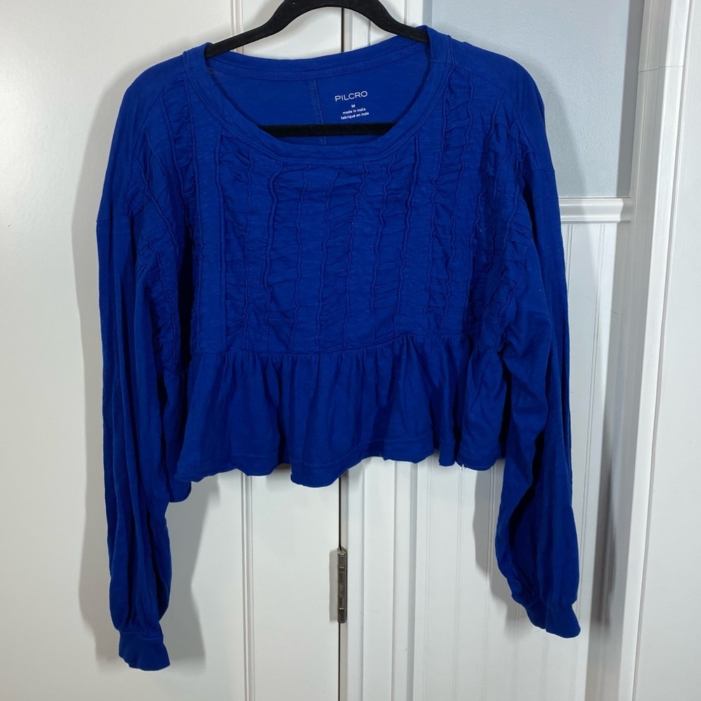Anthropologie Pilcro babydoll textured top cropped long sleeve royal blue sz‎ MP
